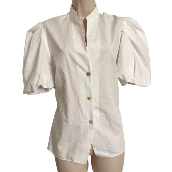 Vince Draped Puff Sleeve Blouse Size 10 Cut Out Back Button Up NWT Cotton Short - Picture 3 of 14